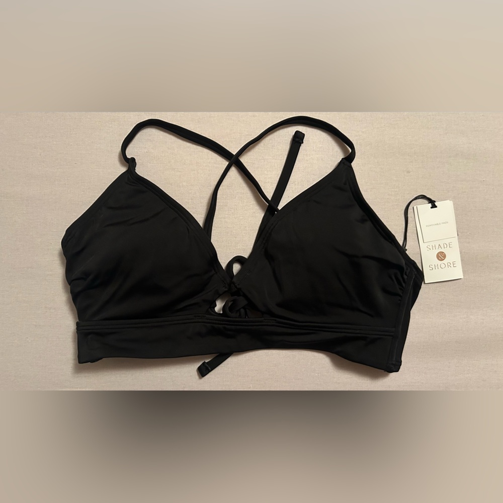 Black Strappy Mix & Match Bikini Top Ruched Cups Back Tie 36B Shade & Shore NWT